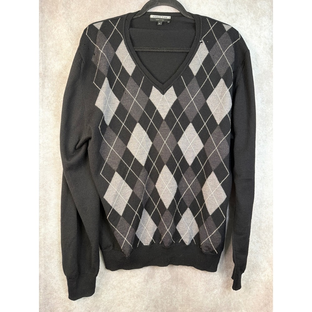 Marco Fiori Mens V Neck Argyle Sweater 100% Merino‎ Wool Made in Italy XL READ